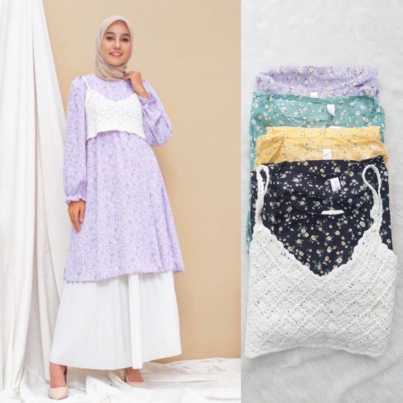 NANDO TUNIK FLOWER ROMPI TANK TOP BAHAN KATUN ZR PREMIUM DIJAMIN ADEM KOREA MUSLIM KEKINIAN 523