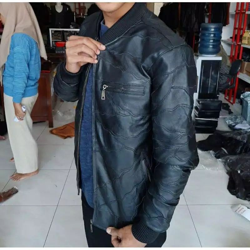 Jaket Kulit Domba Asli Sambungan Model Bomber Kulit Asli Domba Sambungan TERBARU