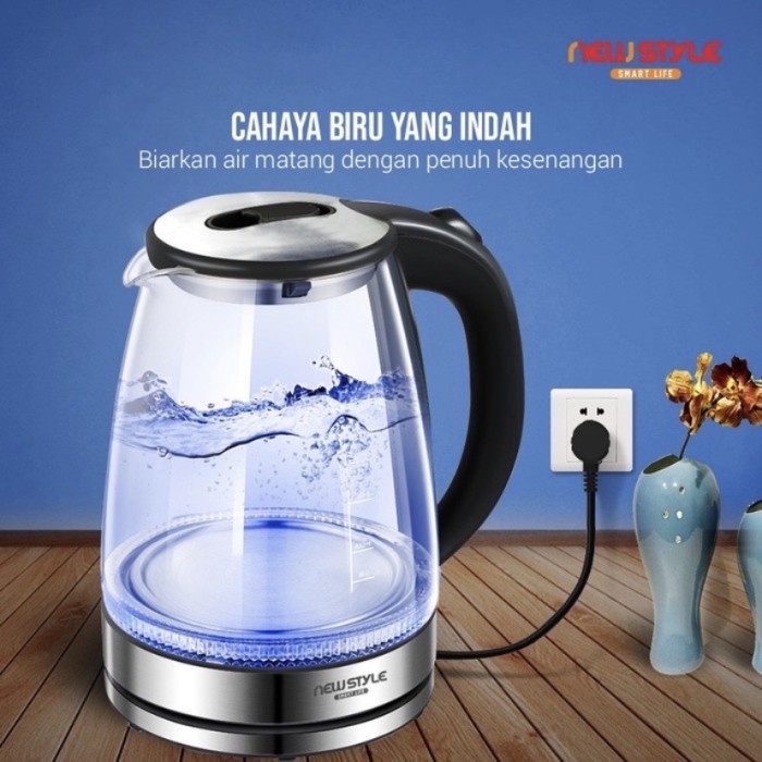 BAROKAH GAMIS Kettle Listrik Transparan cahaya led biru Teko Listrik Kaca Bening