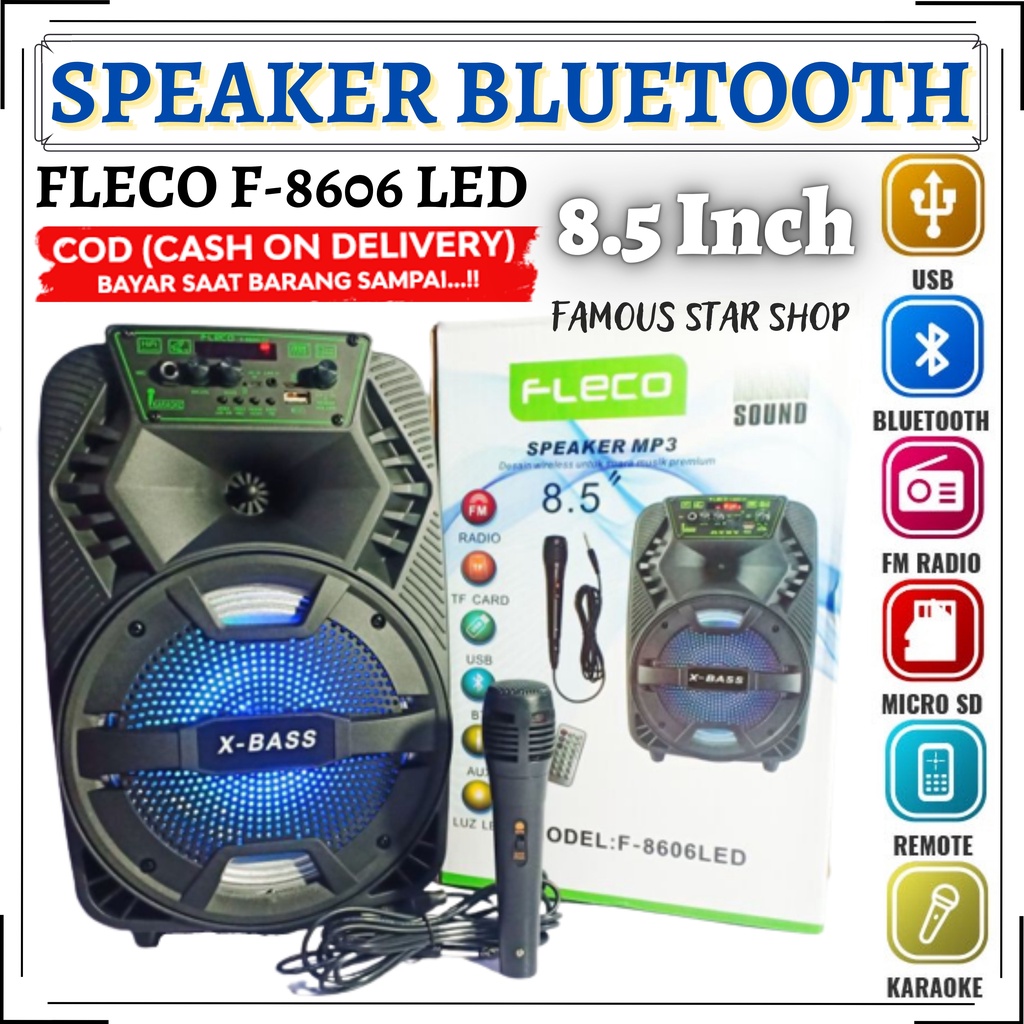 PROMO - SPEAKER KARAOKE FLECO-8606LED SPEAKER AKTIF BONUS MICROFON + REMOT SPEAKER BLUETOOTH FLECO F-8606 LED 8'5 INCH | FMS