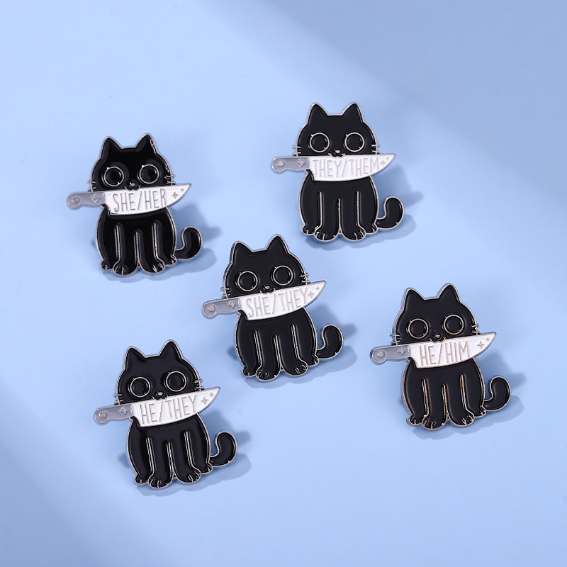 Bros Pin Desain Kucing Dagger Hitam 5 Gaya Untuk Aksesoris Pakaian