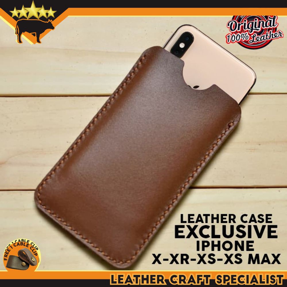 LEATHER SLEEVE  X, XR, XS, XS MAX SARUNG HP CASING HP KULIT SAPI - BROWN PROMO FREE CABLE CLI