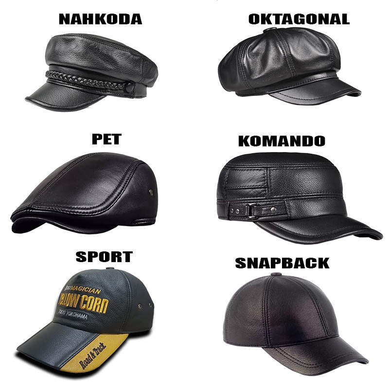 Topi Pria Kulit Asli Model Komando Snapback Pet Oktagonal Nahkoda Warna Hitam