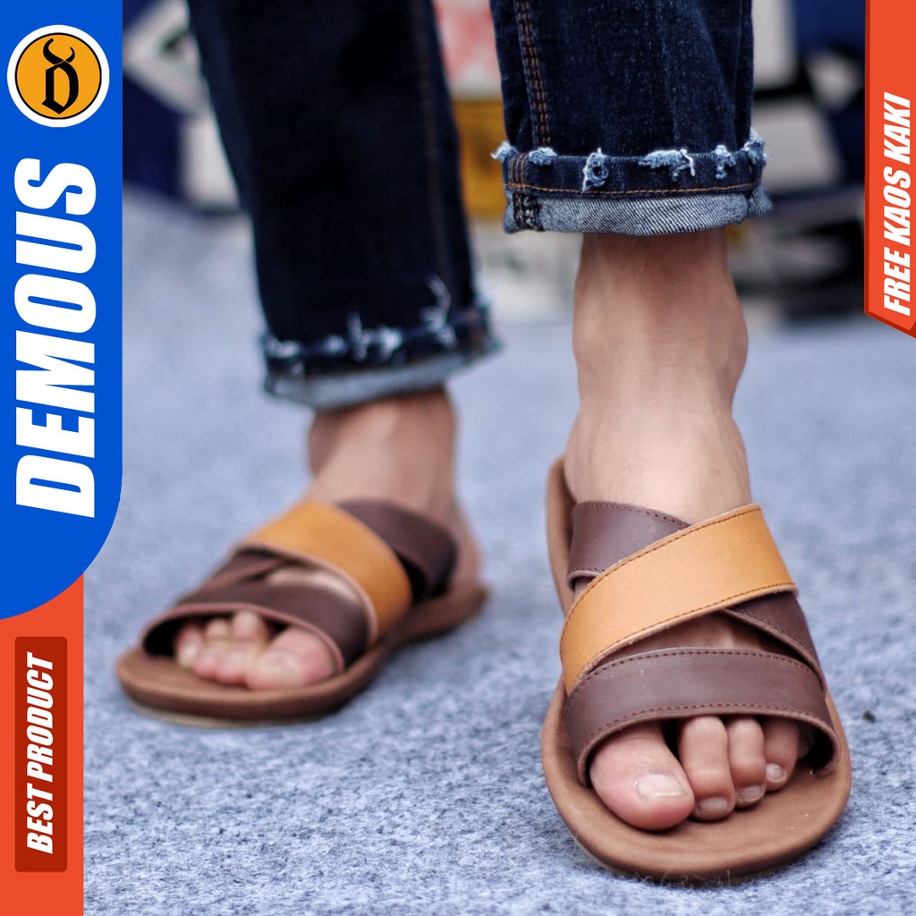 DEMOUS POLETZ Sandal Slop Pria Kulit Asli Sendal Terbaru Kekinian Murah