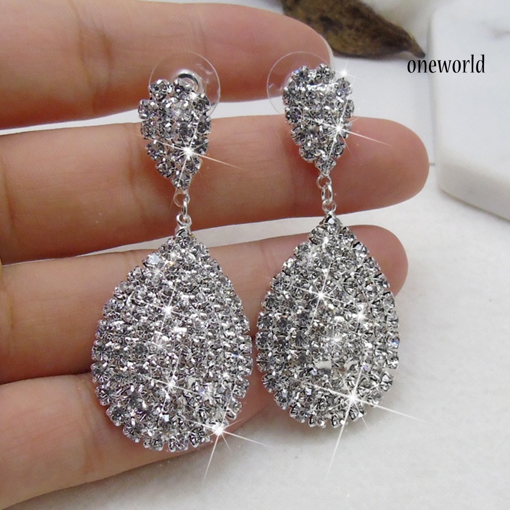 OW@ Women Fashion Rhinestone Waterdrop Dangle Stud Earrings Wedding Party Jewelry