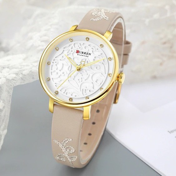 CURREN 9046 Jam Tangan Wanita Analog Tali Kulit Motif Vintage WATCHKITE WKOS