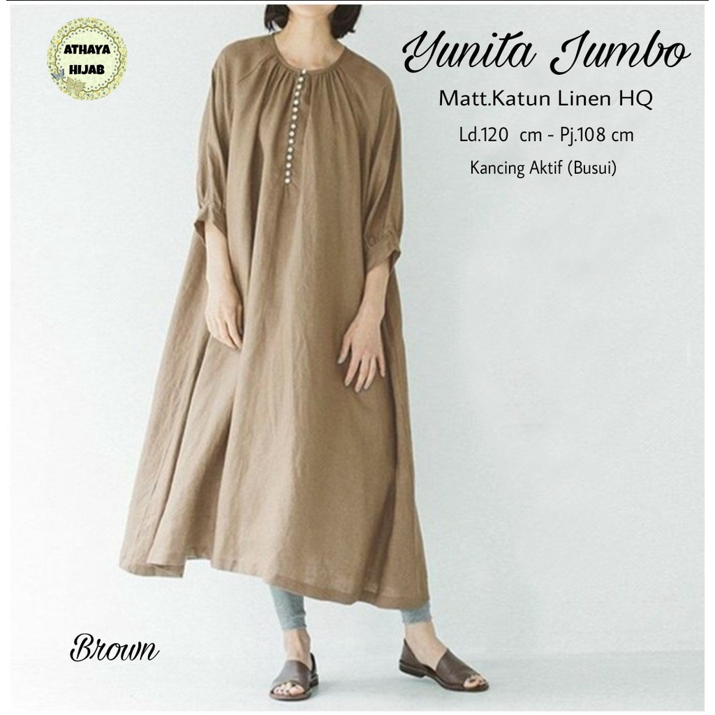 YUNITA JUMBO MIDI BY ATHAYA / GAMIS BERBAHAN KATUN LINEN PREMIUM QUALITY / MIDI DRESS POLOS TERBARU