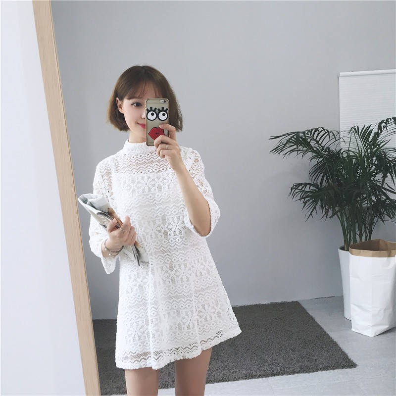 2Pcs Set Dress Lace Mini Korea High Neck Lengan Panjang Motif Bunga Warna Hitam/Putih untuk Wanita