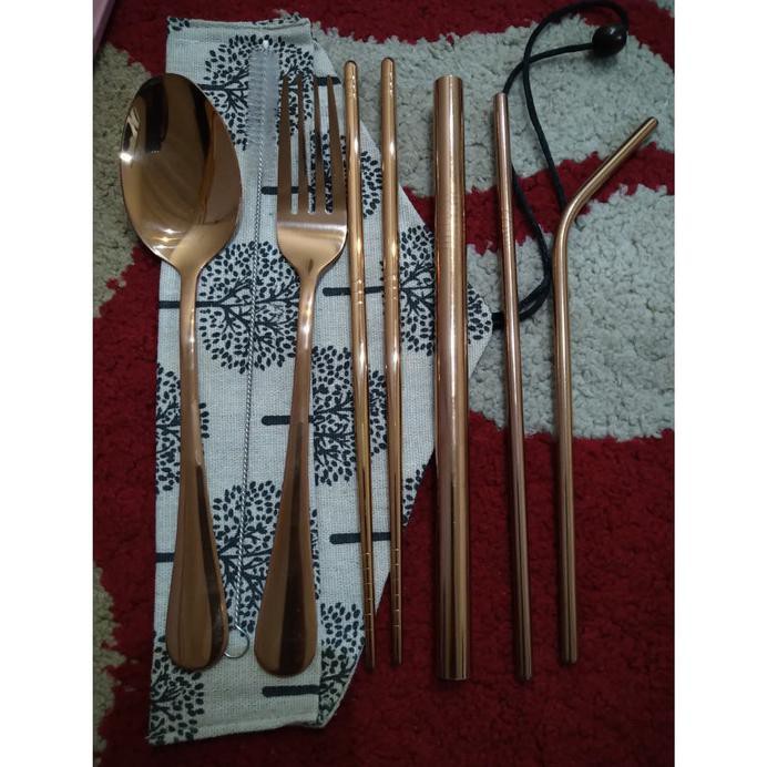 Produk Terbaik - Cutlery Set Travel Sendok Garpu Sumpit Sedotan Warna Pouch Lipat - Emas