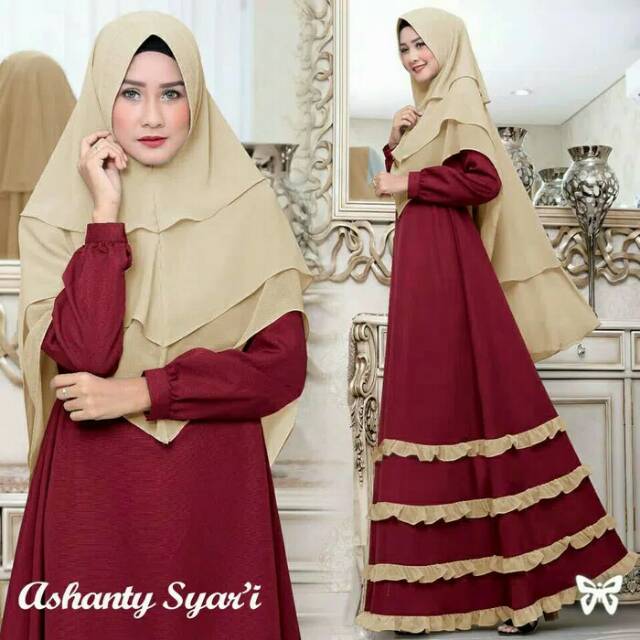 Baju Muslim Wanita Gamis Ashanty Syari Busana Lebaran Polos Warna Maroon