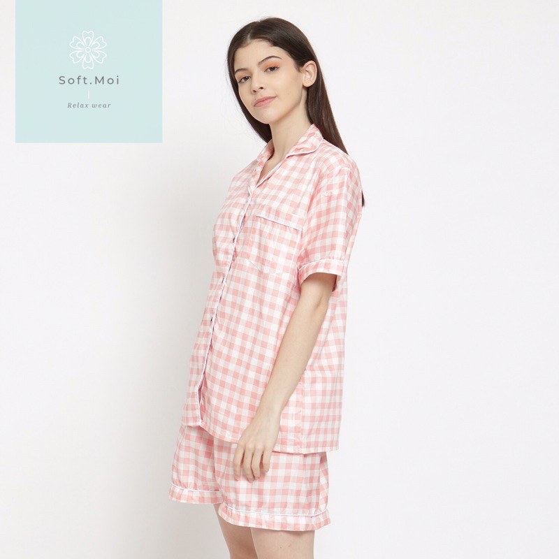 PIYAMA KATUN JEPANG MOTIF KOTAK PINK