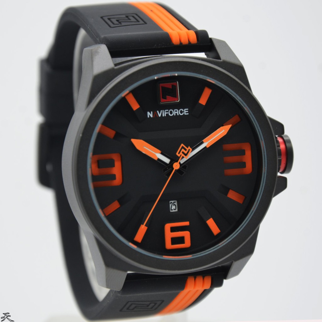 Jam Tangan Pria Naviforce Original Rubber Black Orange