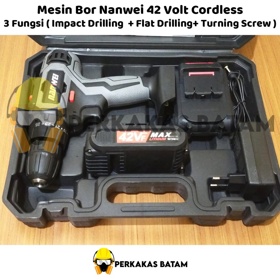 Mesin Bor Tembok Nanwei 42V Cordless Impact Drill Baterai Cordless Mesin Bor 3 Fungsi Bor Tembok Bor