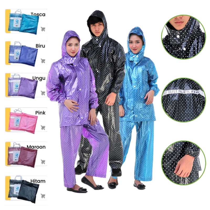 Jas Hujan Setelan Motif Polkadot / Mantel Hujan / Mantel / Raincoat / Jas Hujan Dewasa Baju Celana Polkadot / Jas Hujan Polkadot Dewasa / Jas Hujan Motif / Jas Hujan Jaket Celana