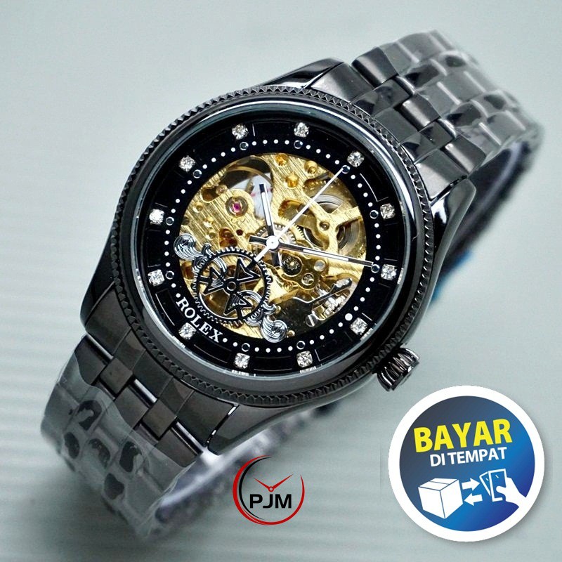 Rolex Automatic FULLBLACK Skeleton | Rantai Kulit Ukuran Besar | Jam Pria Otomatis Transparan Matic