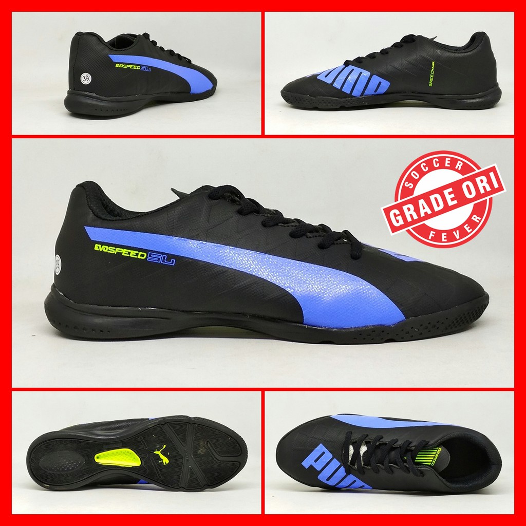 Sepatu Futsal dewasa Puma Evospeed Frame Hitam List Biru Grade Ori