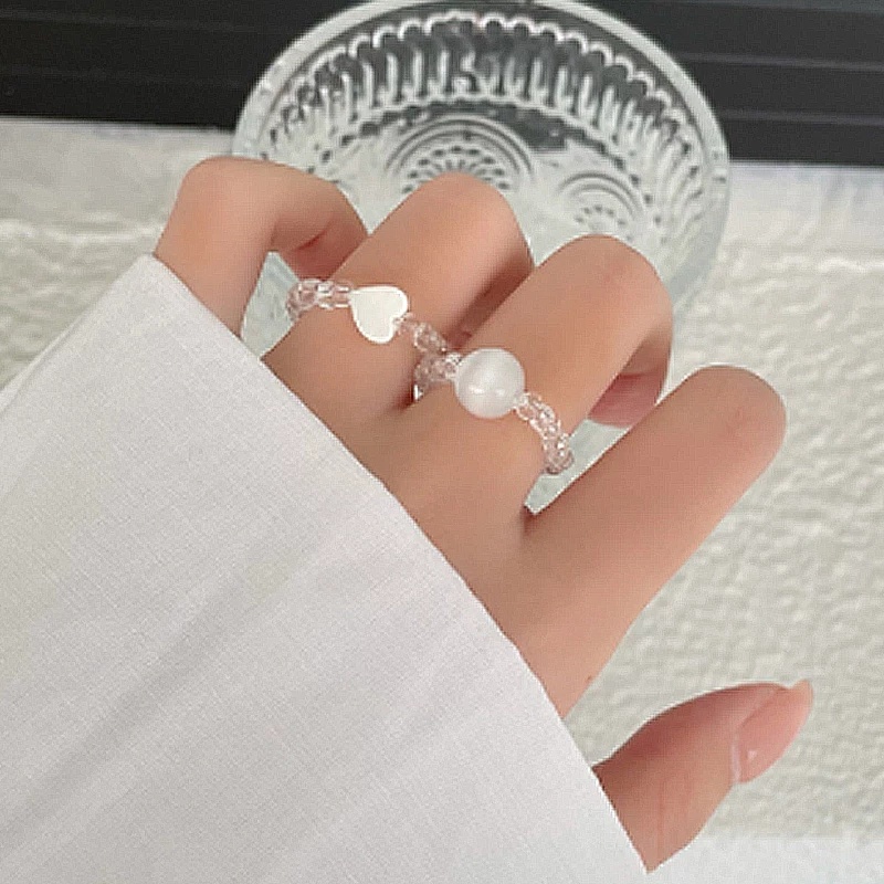 Cincin Manik-Manik Kristal Opal Bentuk Hati Transparan Dapat Disesuaikan Gaya Korea Bohemia Untuk Wanita