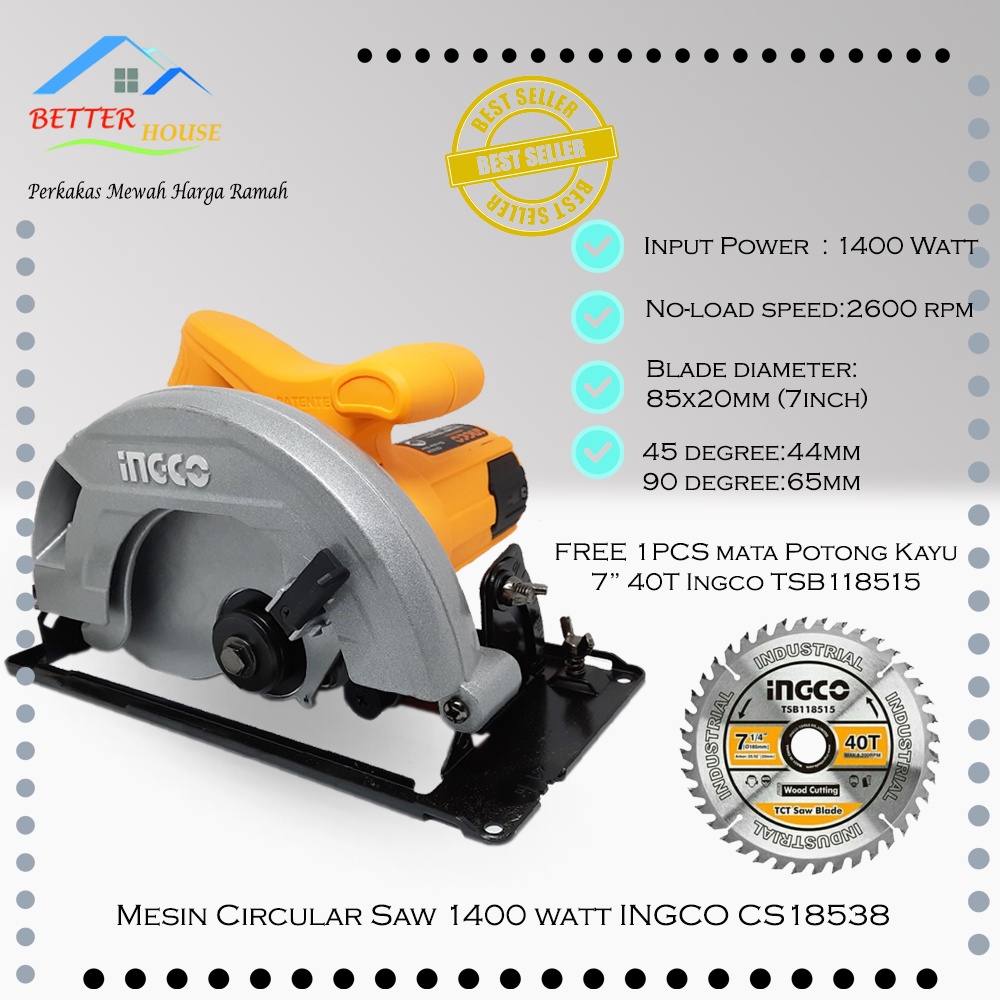 Mesin Circular Saw Belah Kayu 7 inch 1400 watt INGCO CS18538
