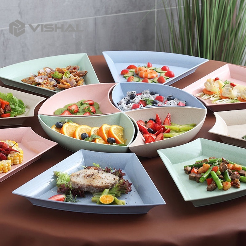 VISHAL Piring Plastik / Piring Saji Unik Segi Lima Warna-Warni Bahan Jerami Gandum Segi Tiga VS-88