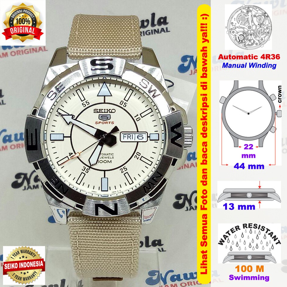 Seiko 5 Sports SRPA67K1 Beige Canvas Leather - Jam Tangan Pria SRPA67