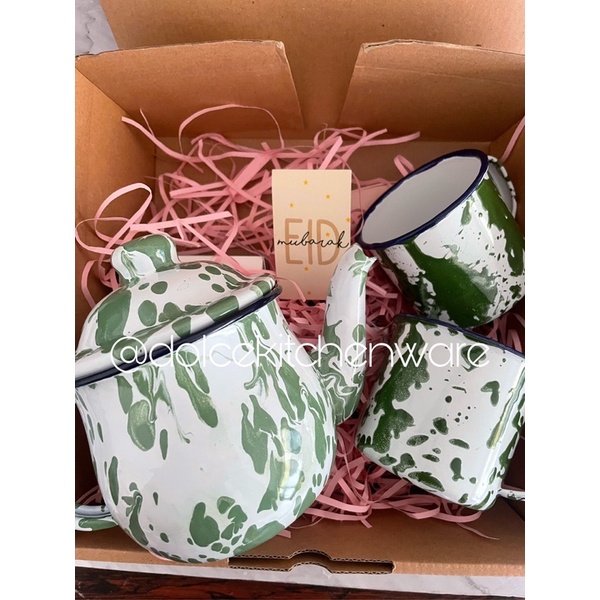 Hampers Set Teko Eskan Cangkir Lurik Jadul 7 cm Hadiah Lebaran Natal Pernikahan Souvenir