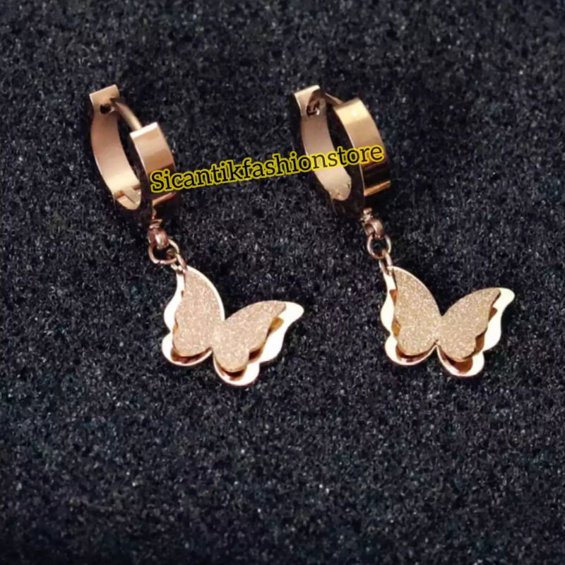 Anting Titanium Tusuk Model Kupu-kupu Rose Gold Fashion Wanita Terlaris Anti Karat Anting Wanita