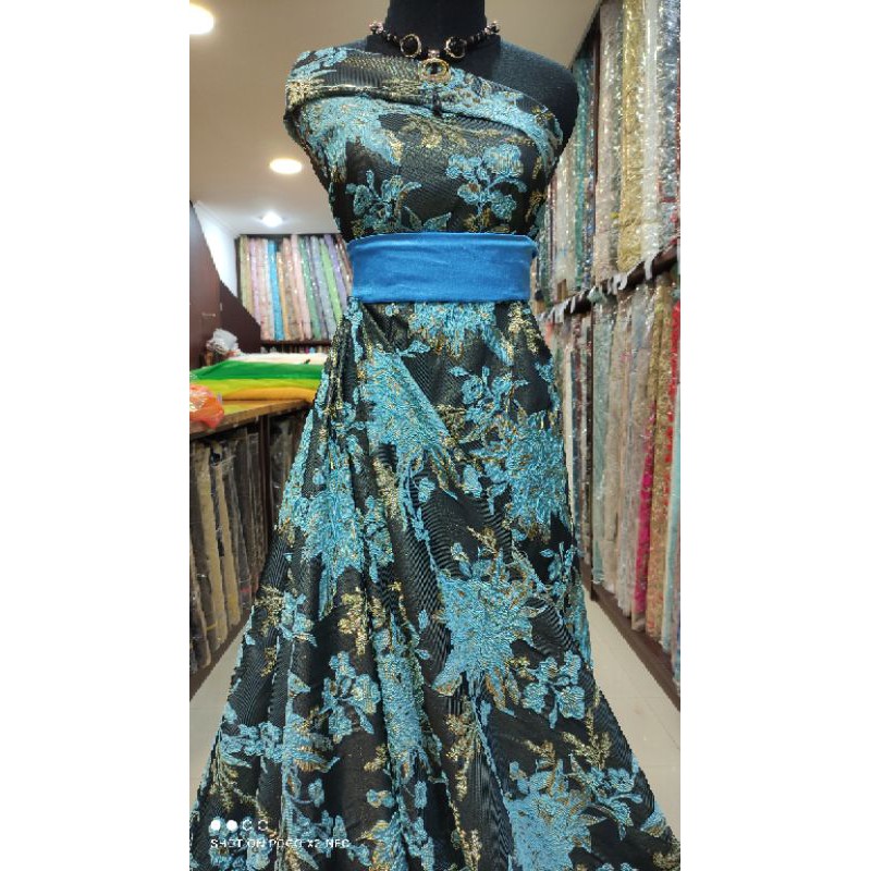 Kain Jacquard Emboss Teal Aqua Dress Bridesmaid