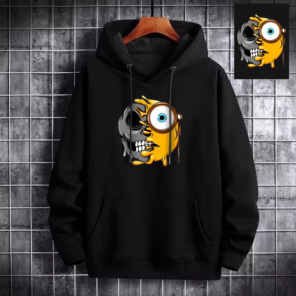 INDOSAN-SWEATER HOODIE SKULL SMILE-HOODIE DISTRO BAHAN FLEECE MOTIF GAMBAR DTF PRINTING-REAL PICT-BISA COD