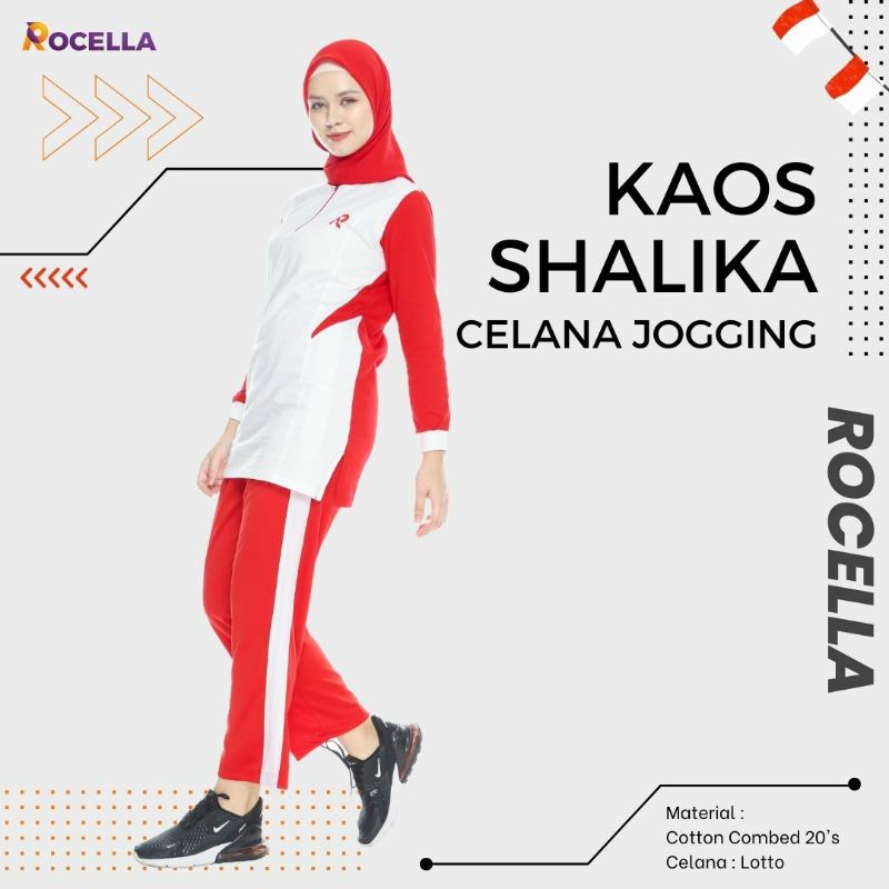 Setelan Baju Olahraga Couple Muslimah Lengan Panjang (edition spesial kemerdekaan)-Cewe RedWhite Shlika