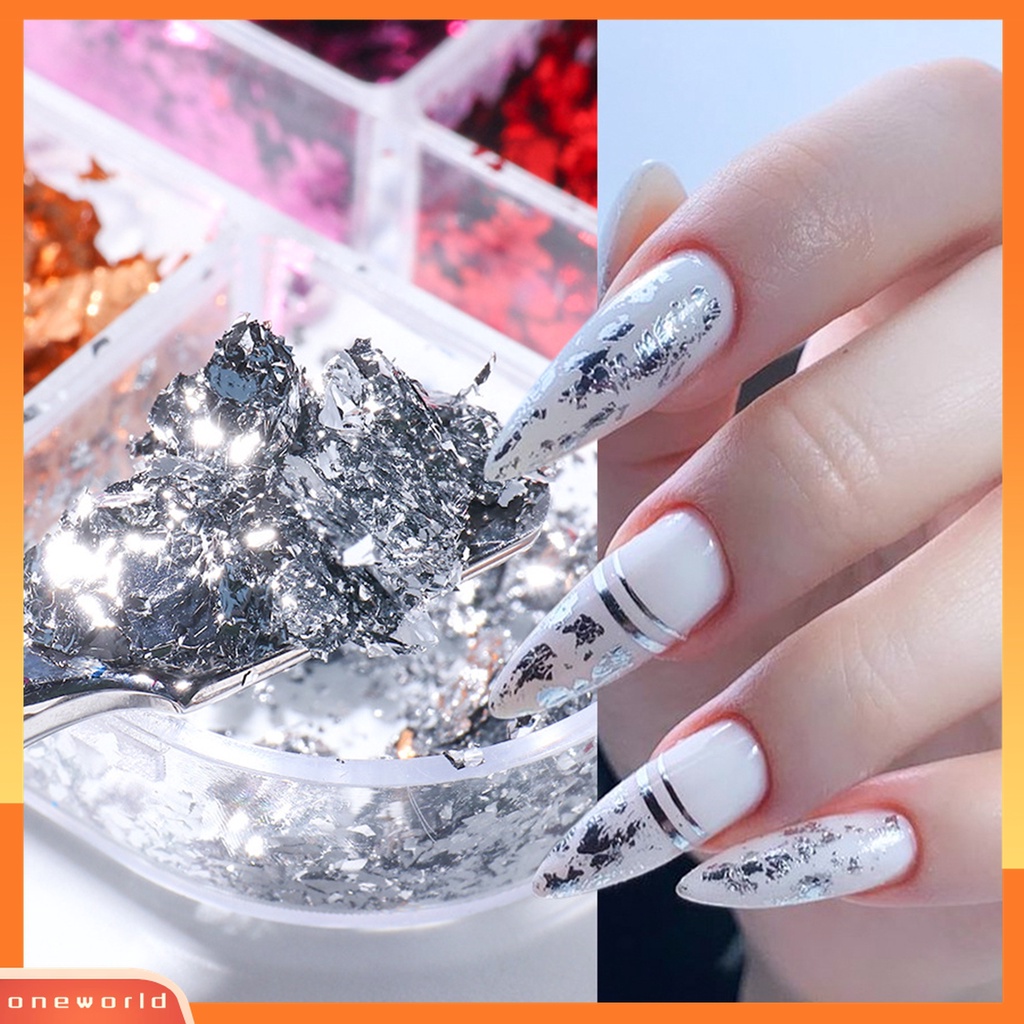 (ONWO) 6 Sekat / Kotak Stiker Foil Decal Kuku Motif Tekstur Berkilau Untuk Manicure / Nail Art