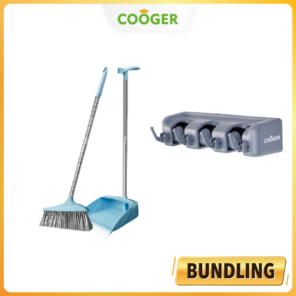COOGER Special Bundle Set Sapu Lantai 2in1/3in1 Alat Pembersih Rumah Tangga Set Sapu Pengki dan Pel Karet Broom Set With Rubber Wiper Warna Biru + Gantungan sapu dan pel 3 klip dengan Empat kait - Holder Serbaguna-2in1+holder