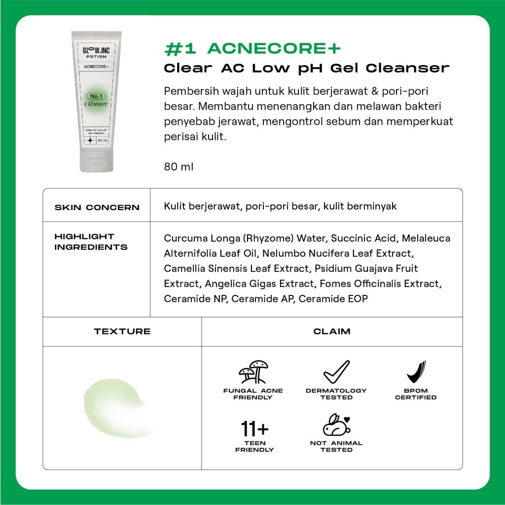 GLOWINC POTION ACNECORE+ Clear AC Low pH Gel Cleanser | Toner | Serum | Moisturizer