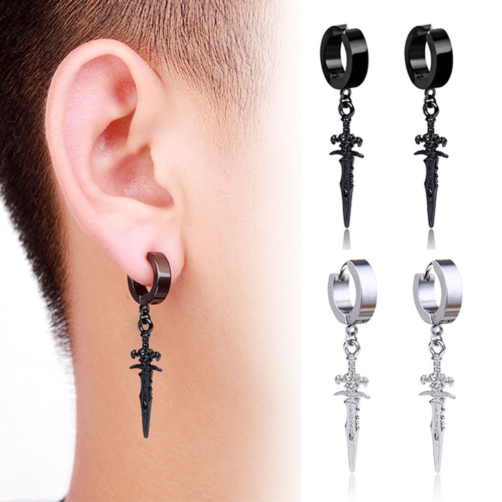 Needway  Geometric Korean Stud Earrings Personalized Clip On Earrings Men Ear Clips Trendy Cross Stainless Steel Black Silver Ear Jewelry No Pierced Ear Cuff