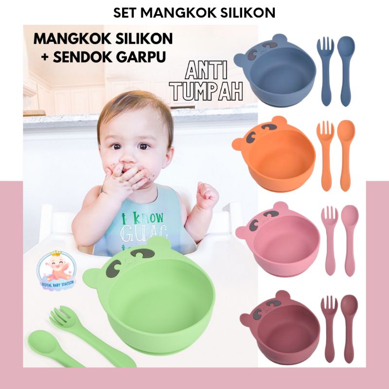 PROMO 3in1 Set Mangkok Piring Bayi Silikon BEAR Sendok Garpu Anti Tumpah Premium