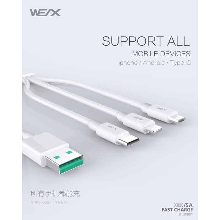 Kabel Data WEX 3 in 1 Fast Charging iOS + Micro +Type C Ori 5A - 120CM Pasarbb