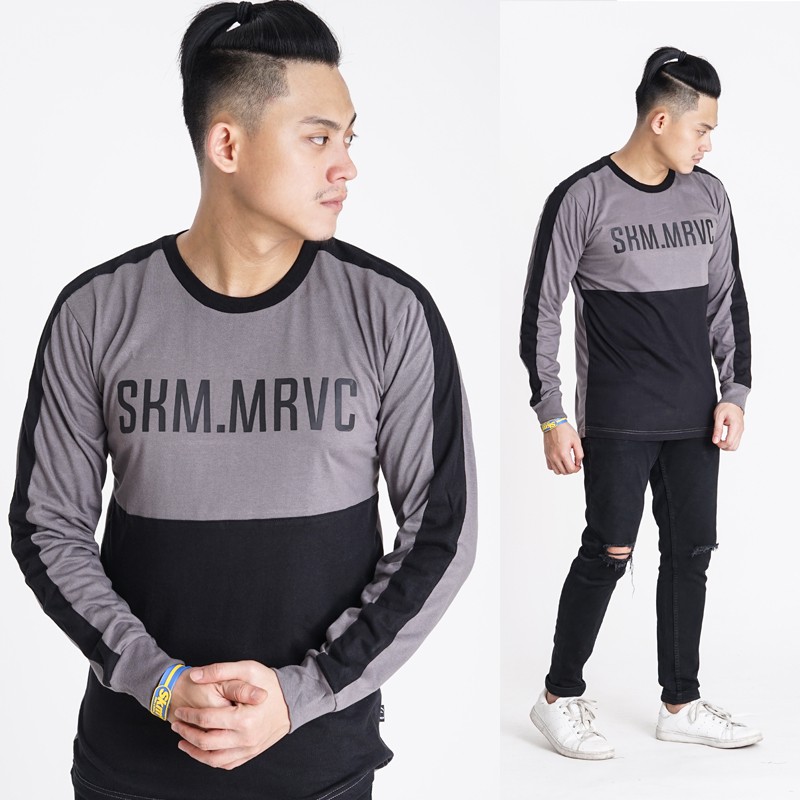 KAOS RAGLAN PRIA LENGAN PANJANG DISTRO BAJU DISTRO LONGSLEEVE PRIA APLIKASI WARNA ABU TUA HITAM