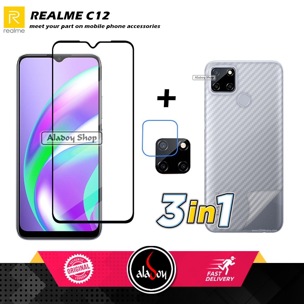 PAKET 3 IN 1 Tempered Glass Layar Realme C12 Free Tempered Glass Camera dan Skin Carbon