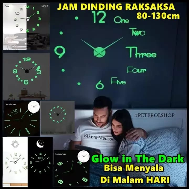 Jam Dinding Besar DIY Giant Wall Clock Quartz Glow in The Dark 80-130cm - Jam glow in the dark - Jam dinding tempel tembok - Jam dinding aesthetic - Jam dinding unik - Jam dinding murah - Jam dinding tempel tembok 3d nyala - Jam dinding lucu dan unik