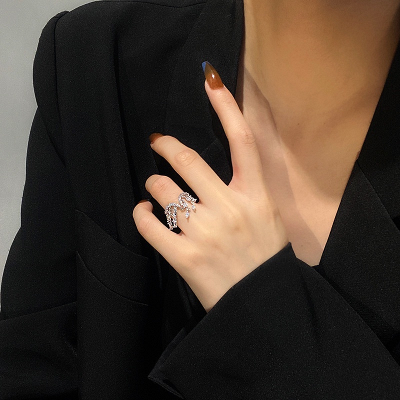 Cincin Model Terbuka Hias Zircon + Berlian Gaya Korea / Mewah Adjustable Untuk Wanita