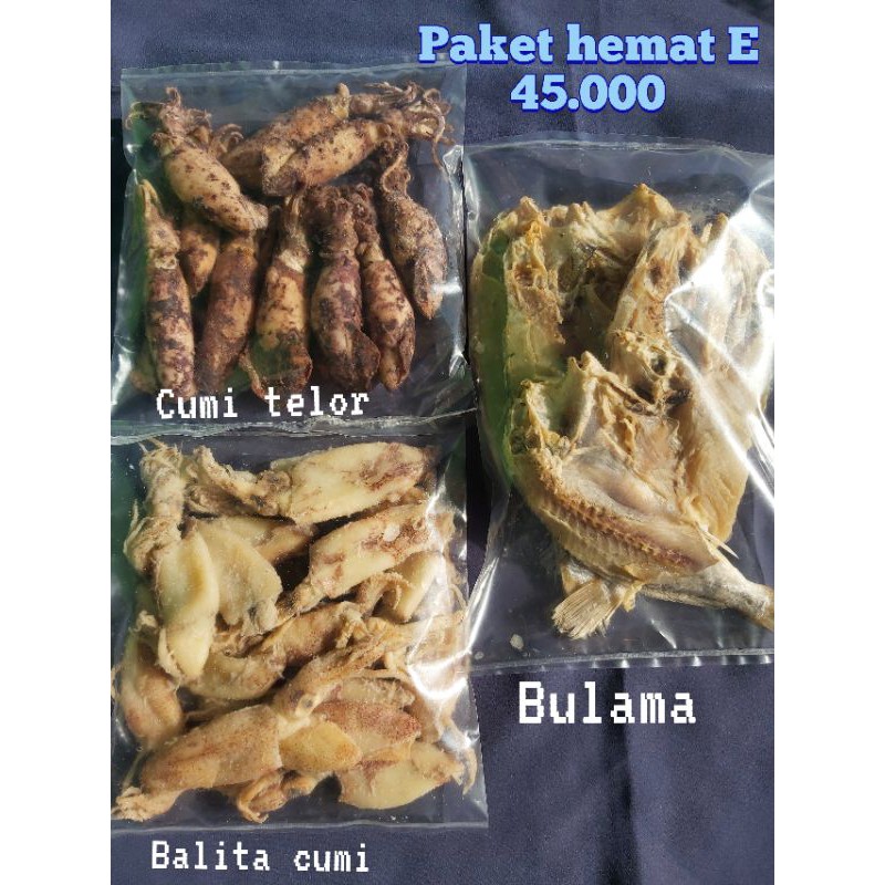 

Ikan asin paket hemat E (cumi telor, balita, bulama