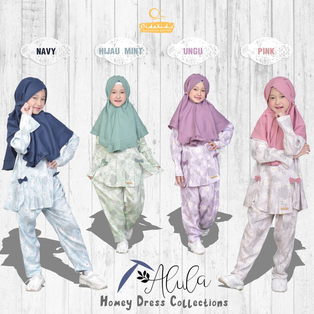 Setelan Home Dress Anak Alula plus Jilbab dan Clara Oidokids Tanpa Jilbab