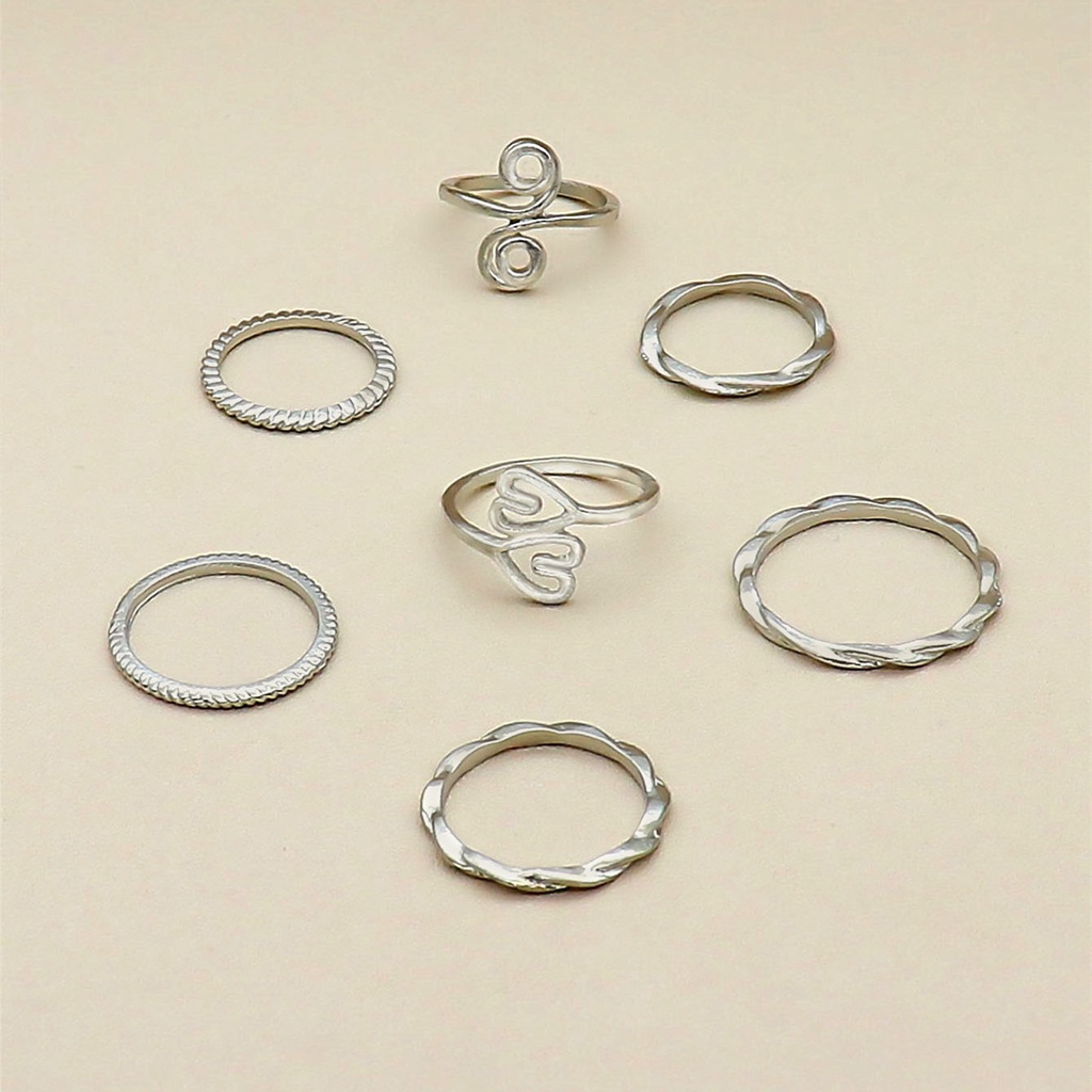 Xiangyun 7pcs / Set Cincin Desain Hati Ganda Asimetris Gaya Simple Untuk Wanita