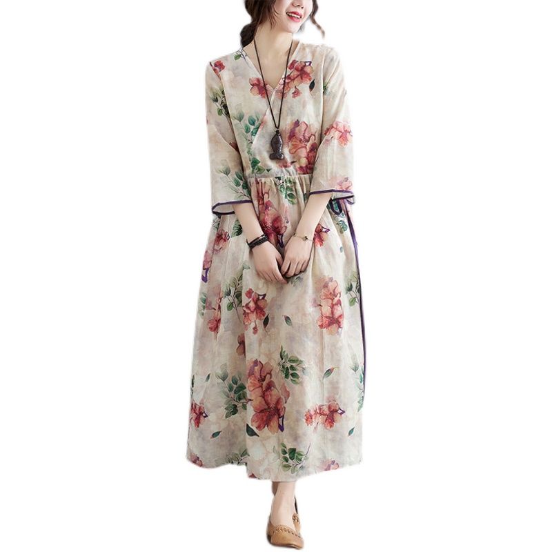 Women 3/4 Sleeve V-neck Floral Long Dress