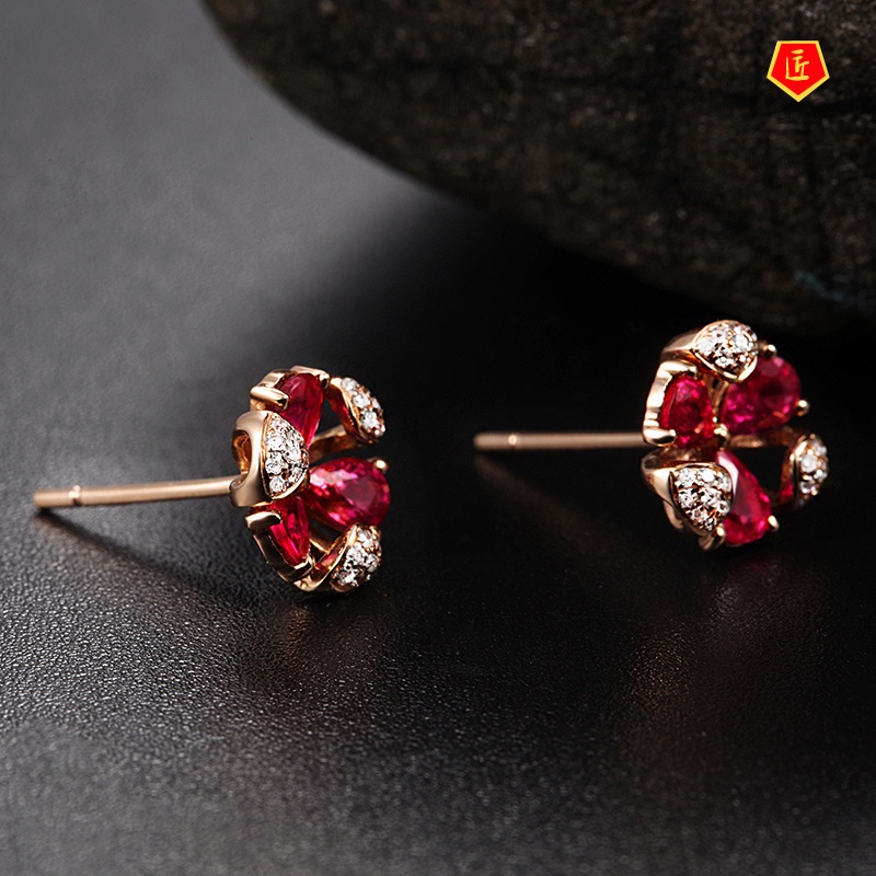 [Ready Stock]Elegant Graceful Ruby Stud Earrings 18K Rose Gold