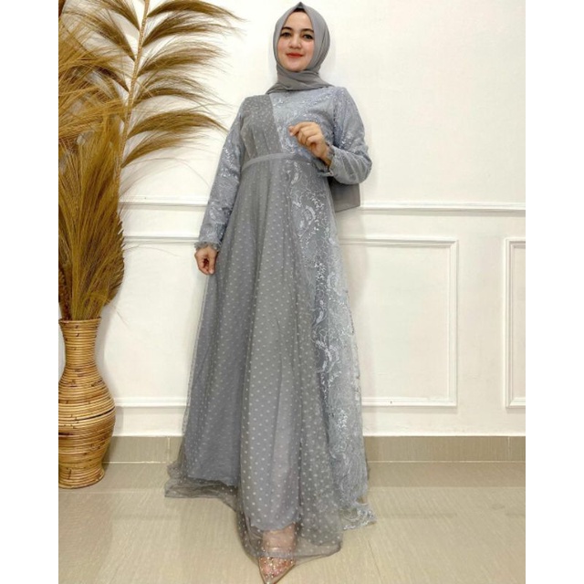 gamis arumi brukat | gamis pesta | tile dot bordir | qurratuaini  full