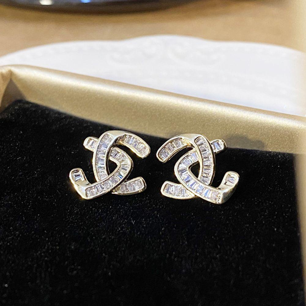 Needway C Huruf Anting Trendi Elegan Hadiah Cross Telinga Aksesoris Zirkon Wanita Stud Earrings