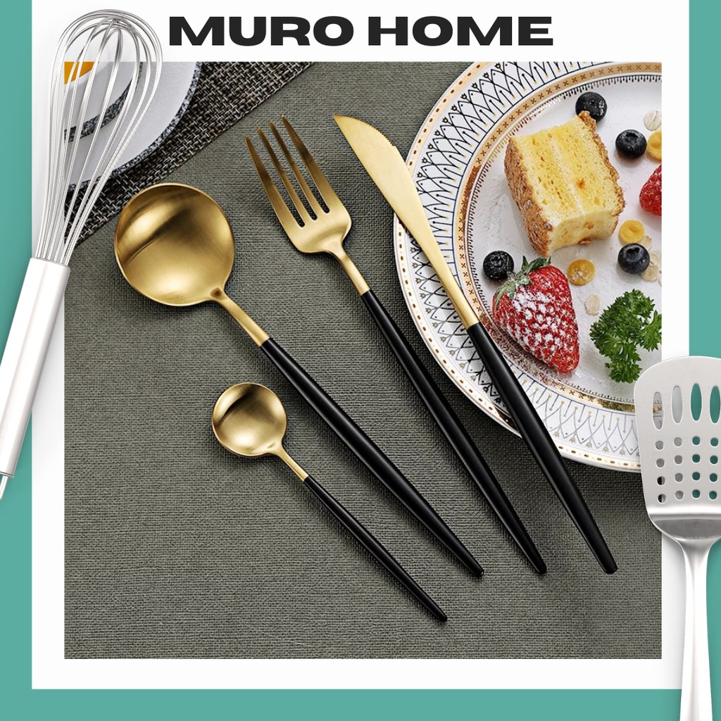 Sendok Makan Cutlery Korea Garpu Set Box Stainless Steel Travel Gold Emas Peralatan Makan Korea