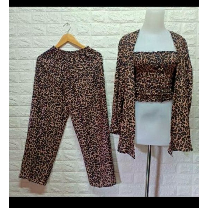 set kardigan kemben leopard macan pendek dan panjang