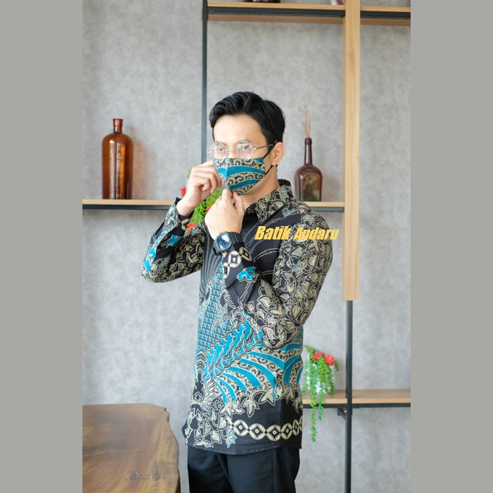 Kemeja Batik Pria Slim Fit Lengan Panjang Modern Heem Premium Bahan Katun Solo Warna Biru Hitam