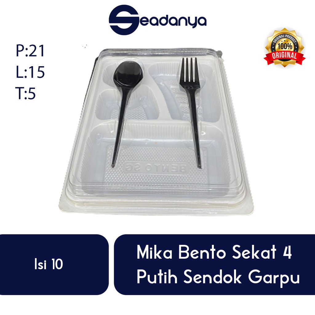 

Mika Bento Putih Sendok Garpu Sekat 4 (ISI 10) -P:21/L:15/T:5 -Mica Makanan,Nasi Campur,Bento Box